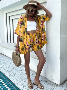 Tropical Print Drop Shoulder Blouse & Tie Front Shorts | SHEIN