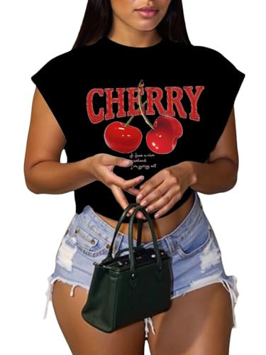 WDIRARA Women's Plus Size Cherry Letter Graphic T-Shirts Crew Neck Dolman Sleeve Crop Top Black Red Large Plus | Amazon (US)