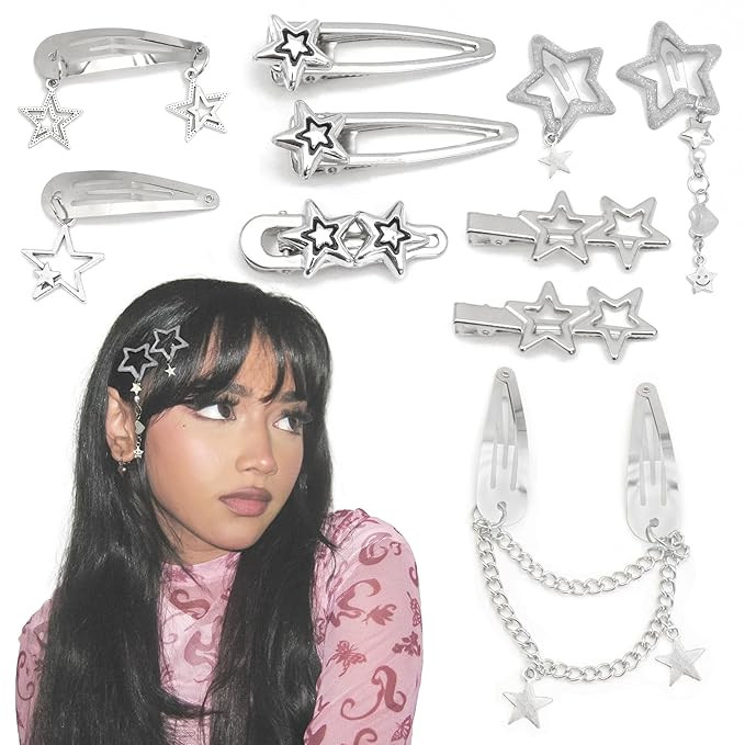 10PCS Star Hair Clips Y2K Silver Hair Clips Metal Star Barrettes 8 Shapes Pentagram Hair Snap Cli... | Amazon (US)