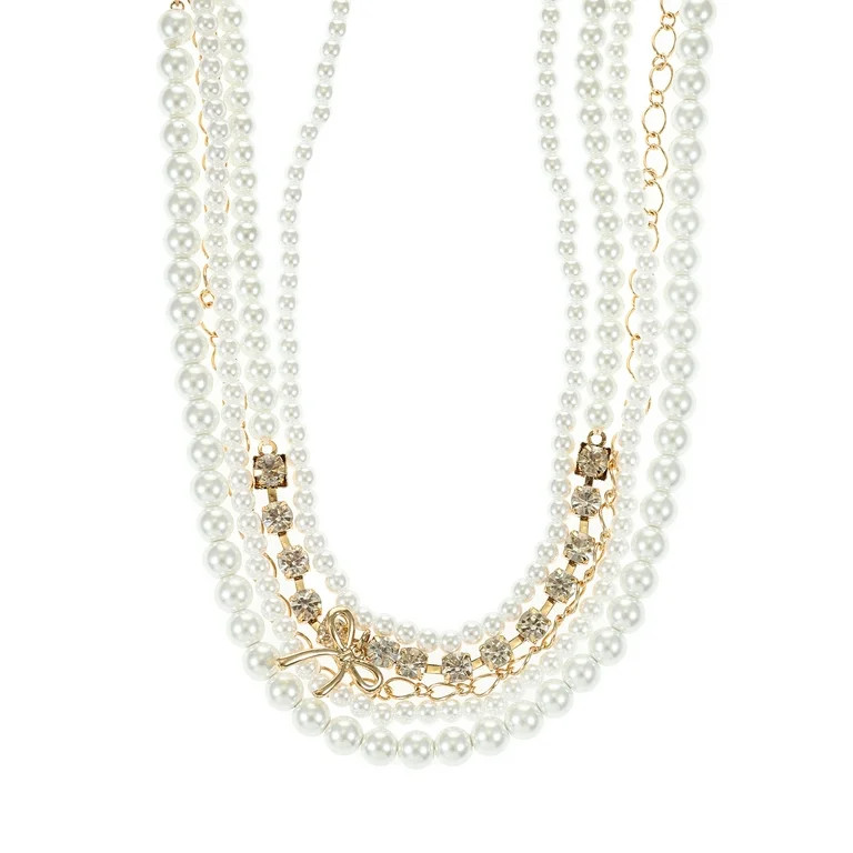 No Boundaries Multi Row Goldtone and Pearl Choker Necklace with Bow Charm, 1 Piece | Walmart (US)
