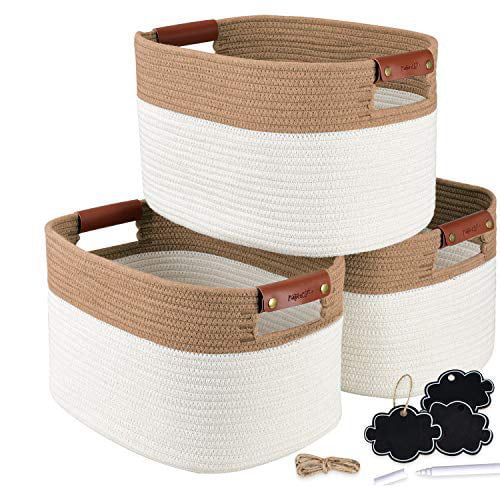 NaturaClo Cotton Rope Storage Basket Set of 3 | Decorative Woven Basket W/Leather Basket Handles ... | Walmart (US)