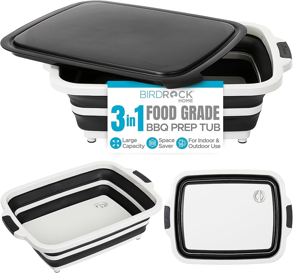BIRDROCK HOME Collapsible Large BBQ Prep Tub w/Cutting Board, Multi-Function Grill Caddy w/Coland... | Amazon (US)