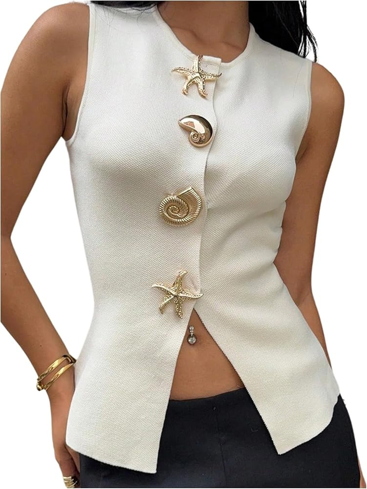 Milumia Women's Metal Decor Knit Sweater Vest Crew Neck Slit Hem Tank Tops Knitwear | Amazon (US)