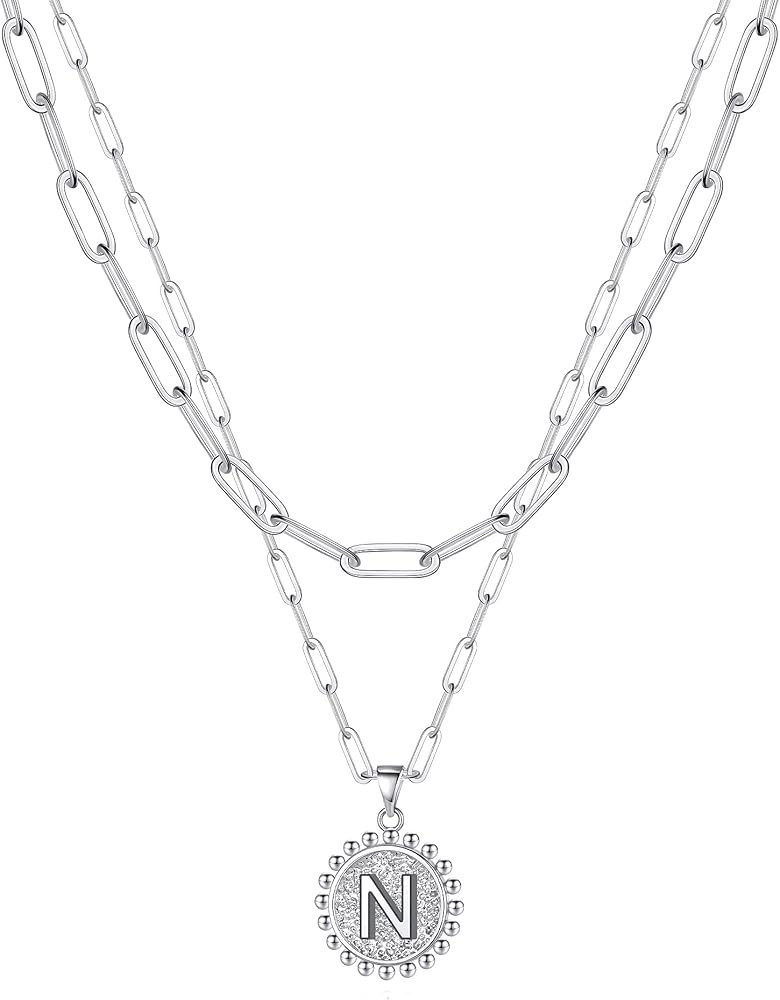Yesilver Layered Initial Necklaces for Women Girls, 14K Gold/White Gold Plated Paper Clip Chain Neck | Amazon (US)