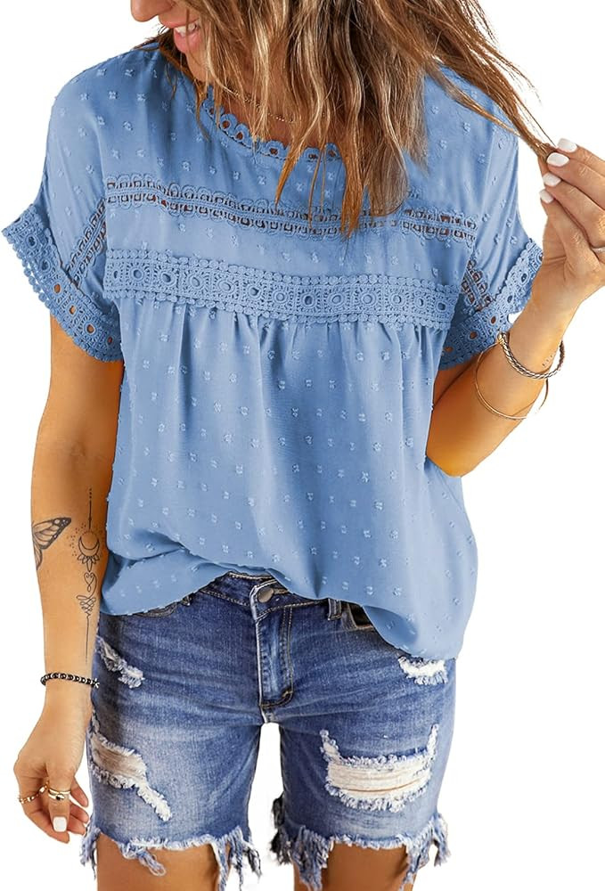 Dokotoo Womens Summer Tops Crewneck Lace Crochet Short Sleeve Shirts Casual Chiffon Blouses | Amazon (US)