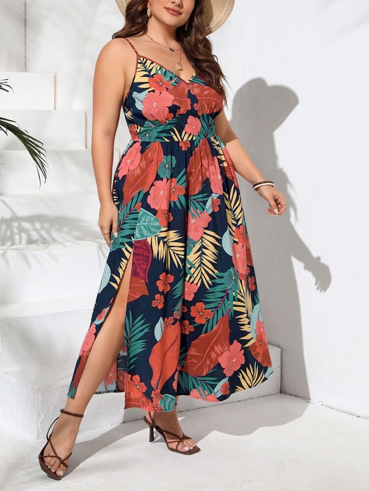 SHEIN VCAY Plus Tropical & Floral Print Split Thigh Cami Dress | SHEIN