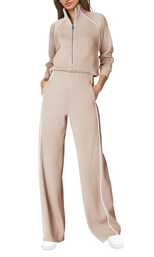 SENSERISE Womens Jumpsuits Casual Long Sleeve One Piece Jumpsuit Wide Leg Mock Neck Airport Travel Outfits with Pockets(Beige Apricot,M) | Amazon (US)