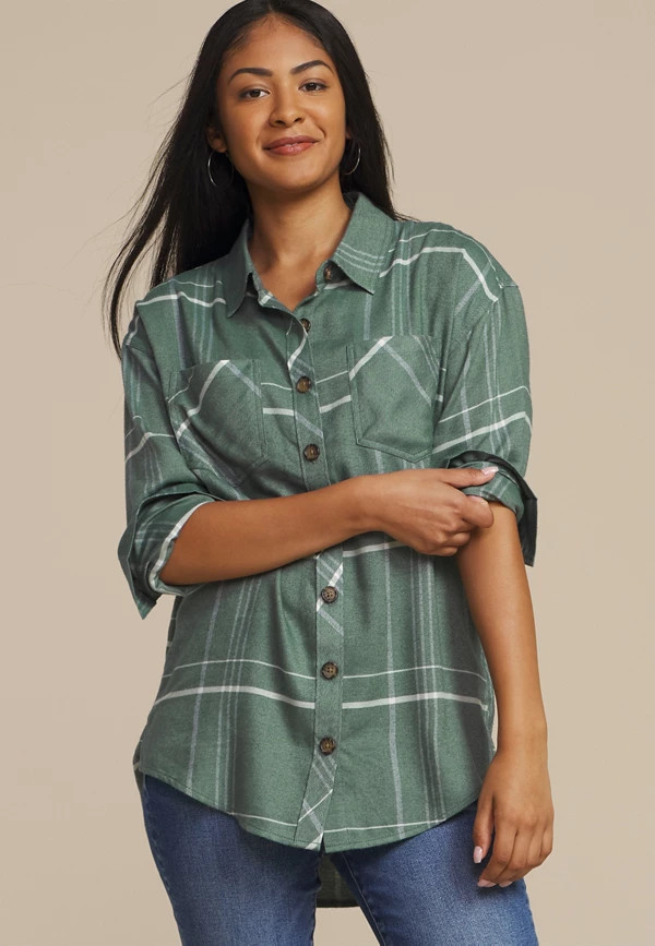 Plaid Boyfriend High Low Button Down Shirt | Maurices