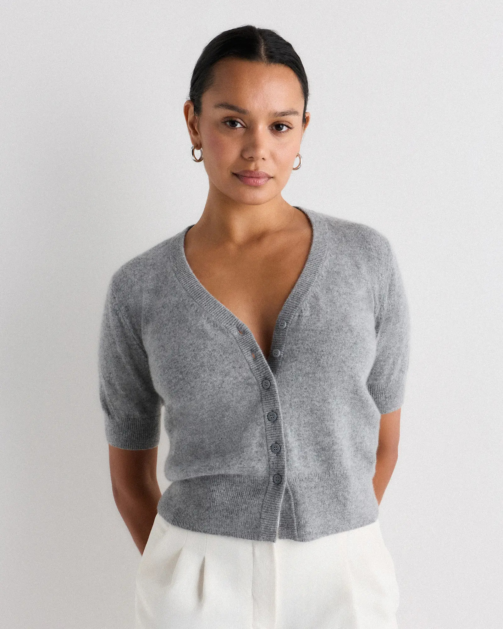 Mongolian Cashmere Short Sleeve Cardigan in Heather Grey | Quince