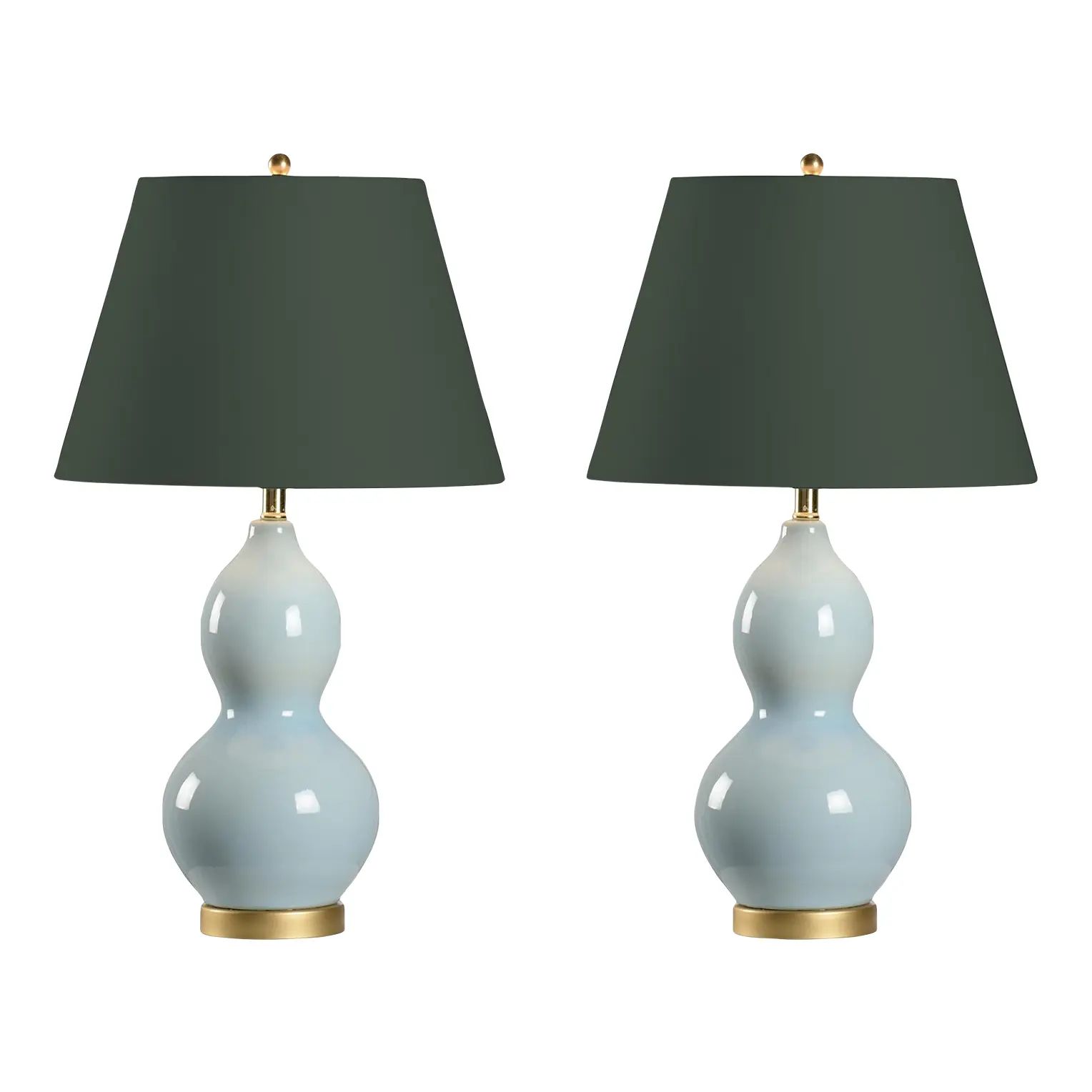 Casa Cosima Double Gourd Table Lamps, Light Blue Base with Dakota Shadow Lampshade - A Pair | Chairish
