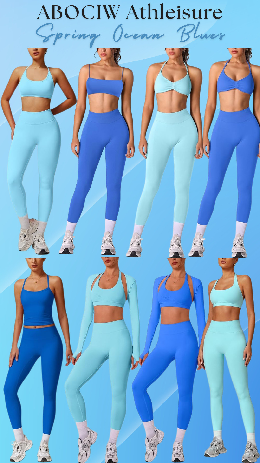 Spring Ocean Blues Athleisure by ABOCIW 🌊 

If you love cool toned activewear, these ocean blue athleisure sets from ABOCIW on Amazon are such a good spring gym wardrobe refresh. 

The mix of aqua blue, cool blue, and ocean blue tones gives that elevated activewear look that feels fresh, clean, and super flattering.

These sets are made with smoothing, sculpting fabric that hugs your body while still staying breathable and comfortable for workouts. The high waisted leggings help everything stay in place so you’re not constantly adjusting during workouts, and the sports bras offer supportive coverage while still looking sleek and flattering.

If you’re tired of workout sets that stretch out, leggings that slide down, or activewear that feels cheap after a few wears, these Amazon workout sets are surprisingly supportive and comfortable while still being an affordable athleisure find.

Matching gym sets also make getting dressed so much easier. Throw one on and you instantly have a polished workout outfit for the gym, Pilates class, yoga, or everyday athleisure.

Pieces in this set lineup:
• High Waisted Sculpting Leggings
• Seamless Compression Workout Leggings
• Supportive Sports Bra
• Strappy Sports Bra Top
• Longline Sports Bra
• Long Sleeve Cropped Workout Top
• Cross Waist Leggings
• Matching Gym Set Activewear

Perfect for:
• Gym workouts
• Pilates classes
• Yoga sessions
• Walking workouts
• Hot girl walks
• Athleisure errands
• Travel outfits
• Everyday activewear

Everything is linked! 

 

#LTKgrwm #LTKActive #LTKTravel