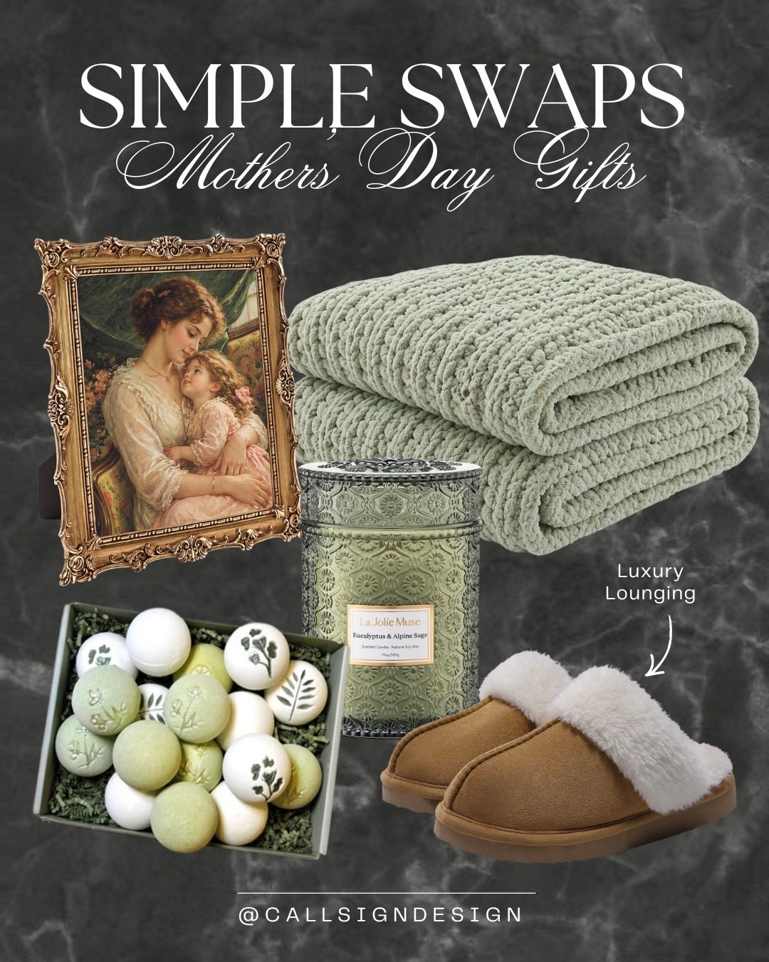 Carefully curated Mother’s Day gifts that feel thoughtful and truly comforting. A scented candle, cozy slippers, a soft throw blanket, and little touches that let her know she’s appreciated and cared for. 💚✨ 🍃

#MothersDay #GiftGuide #CozyGifts #ThoughtfulGifting #EverydayLuxury #HomeDecor #callsigndesign