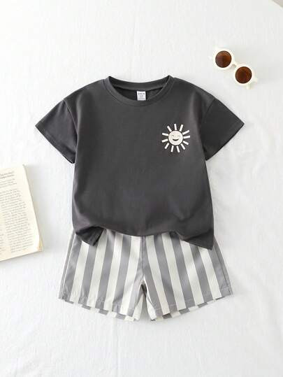 Playful Pals 2pcs Toddler Boys' Casual Loose Graphic Print Round Neck T-Shirt And Striped Print S... | SHEIN