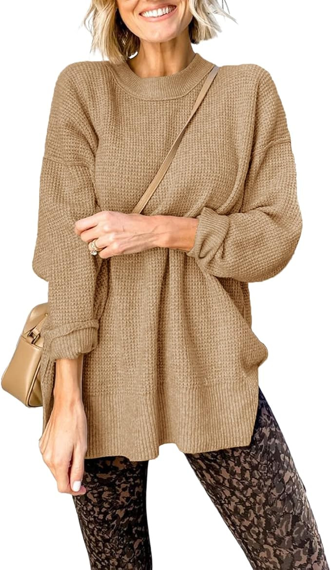 Popheartgo Womens Fall Waffle Crew Neck Pullover Sweater Dresses Side Split Long Sleeve Knit Jump... | Amazon (US)