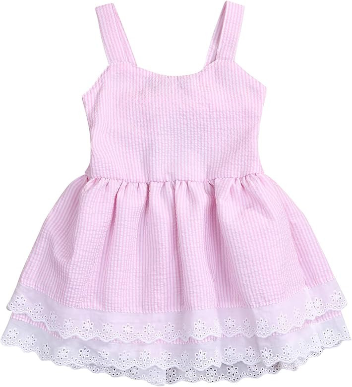 Toddler Girl Dress Cool Summer Young Girl Blue Striped Lace Suspender Party Pageant Dress | Amazon (US)