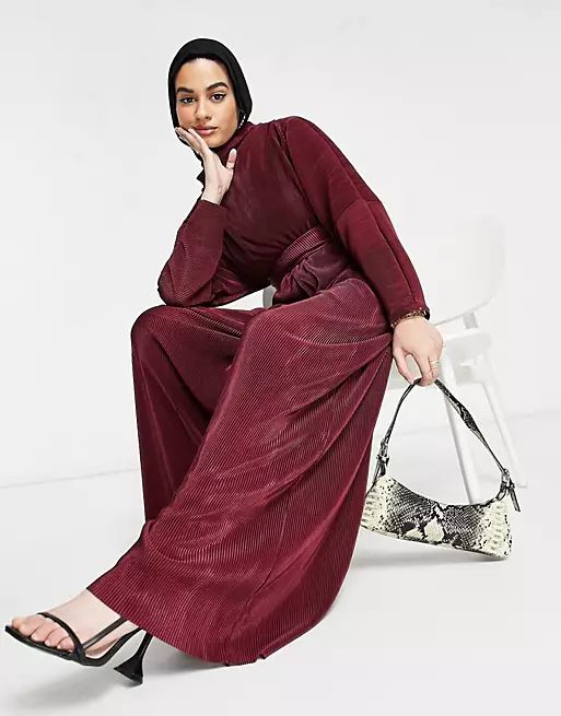 ASOS DESIGN jersey high neck plisse wide leg jumpsuit in wine | ASOS (Global)