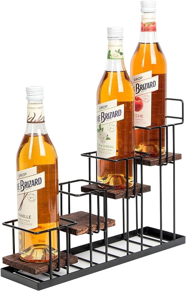 J JACKCUBE DESIGN Syrup Bottle Holder Rack, Rustic Wood and Metal Wire 4 Tier Syrup, Wine, Dressi... | Amazon (US)