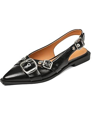 Women's Slingback Flats Closed Pointed Toe Low Heel Dress Flat Shoes Buckle Pathent Leather Balle... | Amazon (US)