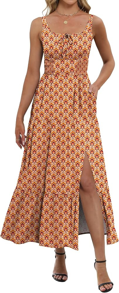 ANRABESS Women Summer Casual Floral Printed Square Neck Sleeveless Straps Elastic Waist Slit Beac... | Amazon (US)