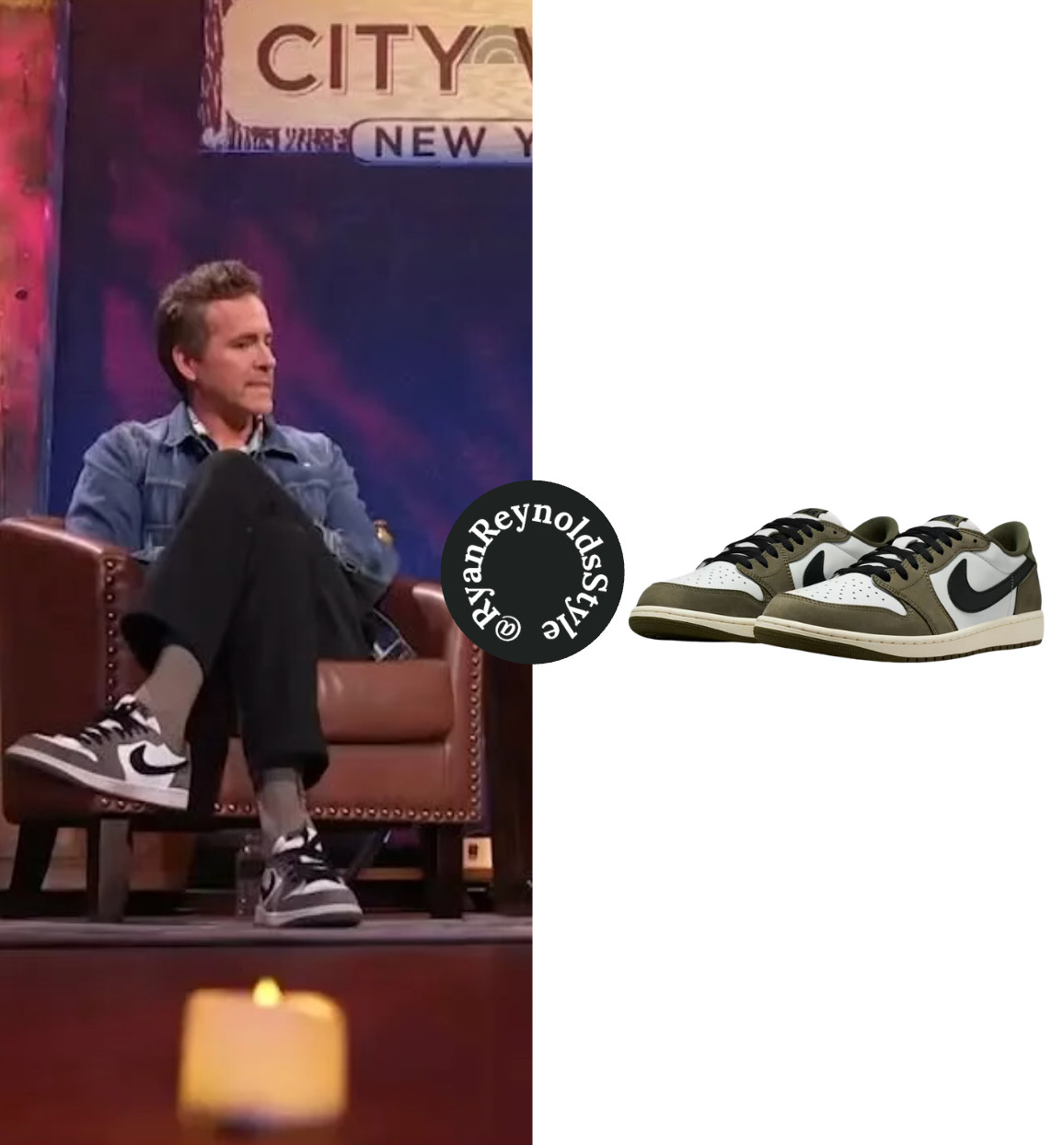 Ryan Reynolds wearing Nike Air Jordan 1 Retro Low sneakers in medium olive and summit white. 

 #LTKActive #LTKOver40 #LTKMens