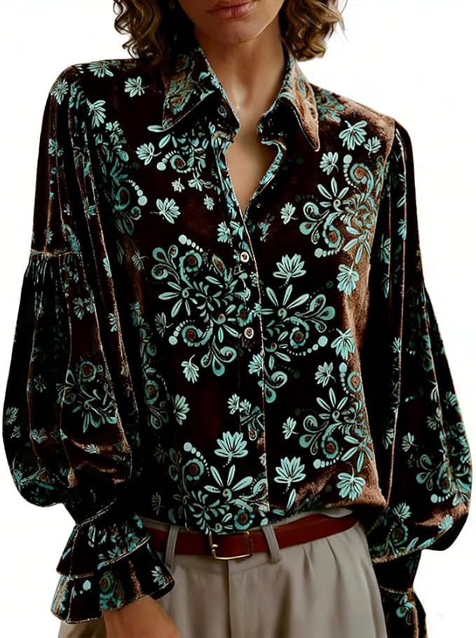 Women's Velvet Blouse Vintage Floral Puff Sleeve Top | Soft Velvet Fabric,Floral Detail,Loose Ele... | Amazon (US)