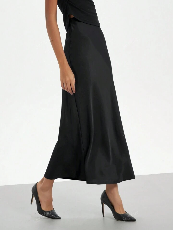 Saia Midi De Textura Elegante De Seda Com Elástico Para Mulheres | SHEIN