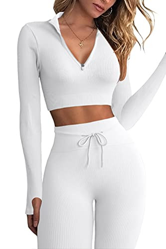QINSEN Workout Sets for Women 2 Piece Seamless Long Sleeve Crop Tops Ribbed High Waist Leggings | Amazon (US)