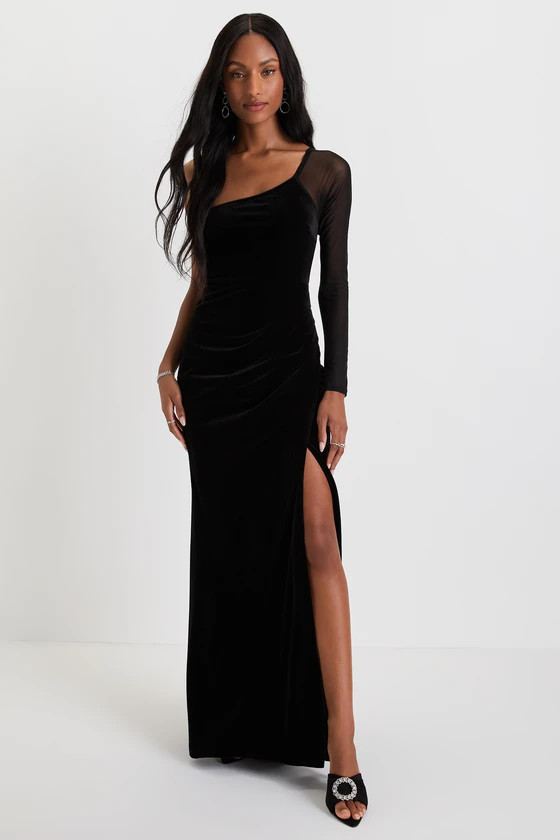 Lavish Style Black Velvet Mesh One-Shoulder Tulip Maxi Dress | Lulus (US)