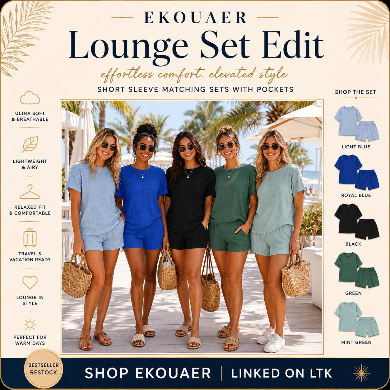 EKOUAER Summer Chic | Two Piece Short Sleeve Tee & Shorts Matching Loungewear Sets

These Ekouaer short sleeve matching sets are such strong Amazon fashion finds if you want something lightweight, breathable, and comfortable enough for all-day wear while still looking cute and put together.

The relaxed short sleeve top, matching shorts, soft ribbed texture, functional pockets, and easy throw-on fit make these sets perfect for warm-weather days when you want comfort without looking sloppy.

What I love about these is that they give “effortless but still styled” energy!!

They’re perfect for airport outfits, travel days, vacation mornings, beach trips, coffee runs, errands, casual weekends, resort lounging, and everyday summer plans when you want one easy outfit that works.

The colors make this edit feel clean and wearable — light blue feels fresh, royal blue feels bold, black feels classic, green feels elevated, and mint green feels soft and coastal.

Pair them with sandals, white sneakers, raffia bags, sunglasses, a beach tote, baseball hat, or simple gold jewelry for that relaxed-but-polished summer look.

This is the kind of set that closes because it solves the summer outfit problem fast: 
matching, breathable, comfy, pocket-friendly, packable, and easy to wear on repeat.

I did the digging for you — if you want an Amazon lounge set that feels soft, flattering, travel-ready, and actually useful for summer, these Ekouaer sets are the ones I’d check before the bestseller restock starts moving again.

📌 SAVE this for airport outfits, vacation packing, and easy Amazon summer lounge sets.

↓ Everything is linked!

#LTKActive #LTKSaleAlert #LTKTravel