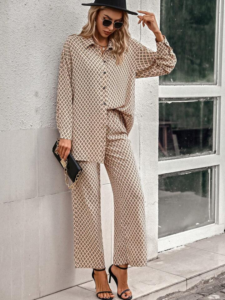 SHEIN Privé Allover Print Drop Shoulder Shirt & Wide Leg Pants | SHEIN