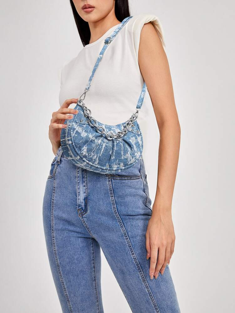 Ripped Chain & Studded Decor Denim Ruched Bag | SHEIN