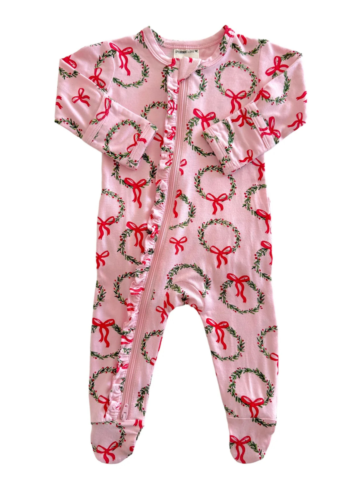 2-Way Ruffle Zip Footie, Wreath Pink | SpearmintLOVE