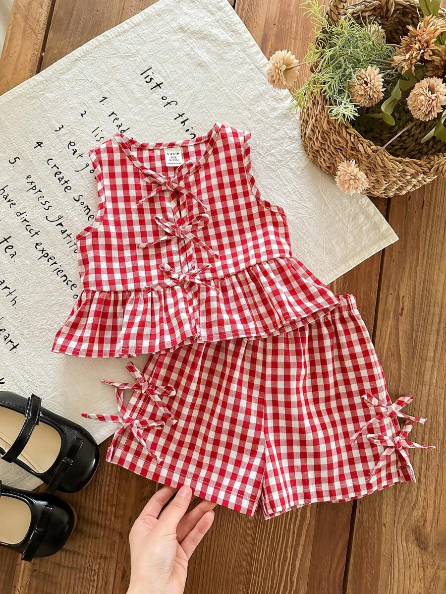 Baby Girl Summer Casual Red Plaid Bow Sleeveless Top And Elastic Waist Shorts Set | SHEIN