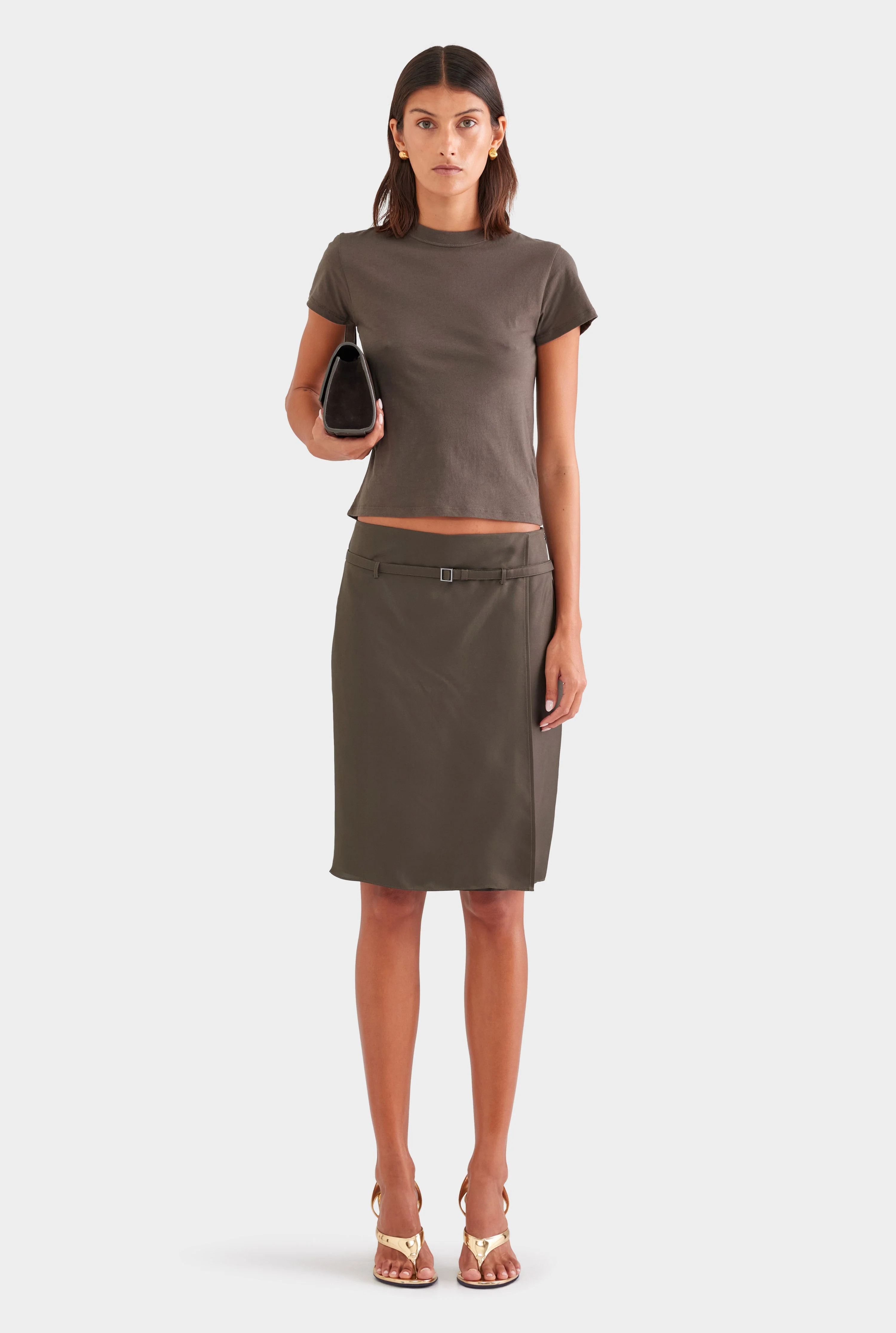 Silk Twill Belted Skirt Dark Olive | Venroy | Venroy AU