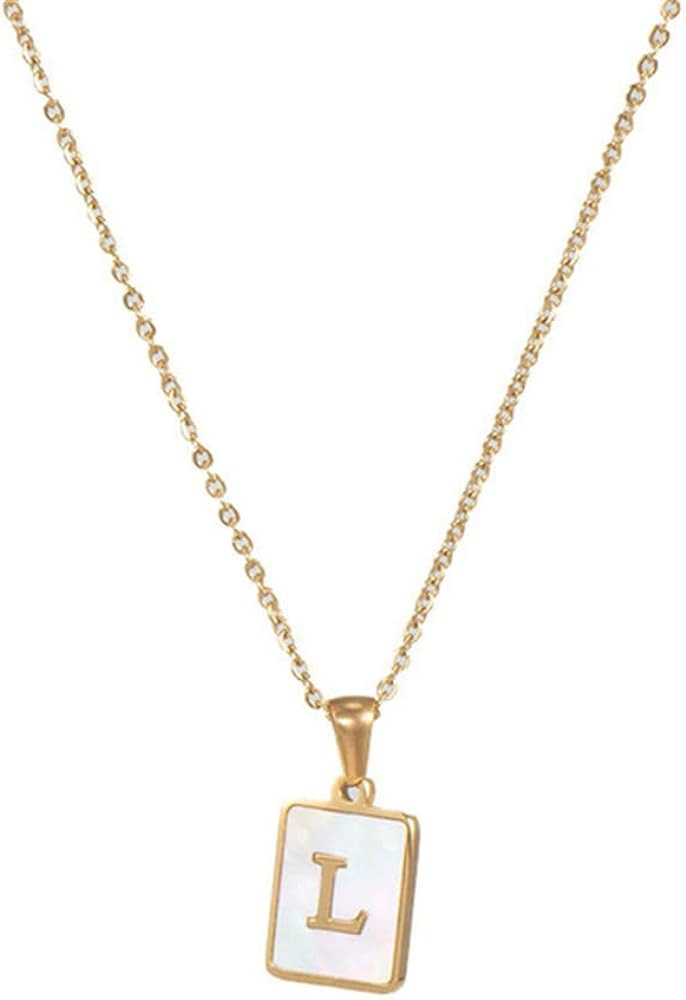 18K Gold Stainless Steel Letter A to Z Initial Necklace Natural White Mother of Pearl Pendant Nec... | Amazon (US)