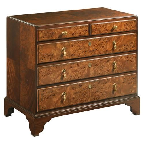 Woodbridge Durham Rustic Brown Mahogany Wood Oak Burl Veneer 5 Drawer Dresser | Kathy Kuo Home