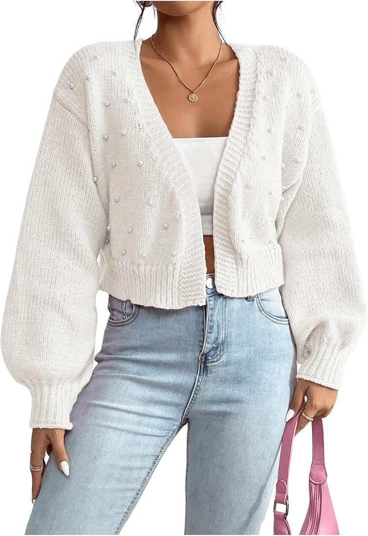 GORGLITTER Women's Faux Pearl Cute Cropped Cardigan Sweater Knit Open Front Drop Shoulder Outwear | Amazon (US)