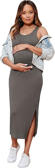 Romwe Women's Maternity Rib Knit Split Side Sleeveless Bodycon Tank Pencil Dress | Amazon (US)