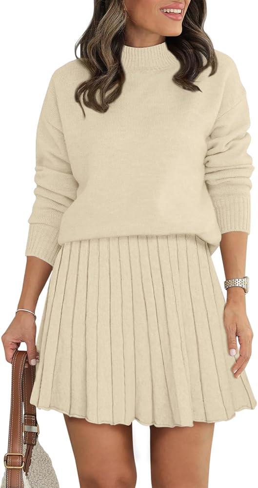 Women's Two Piece Outfits Turtleneck Long Sleeve Ribbed Knit Tops Pleated Mini Skirt 2025 Casual ... | Amazon (US)