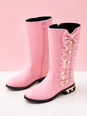 Pretty in Pink Pearl & Lace Bow Boots Pink / 3 | Mia Belle Girls