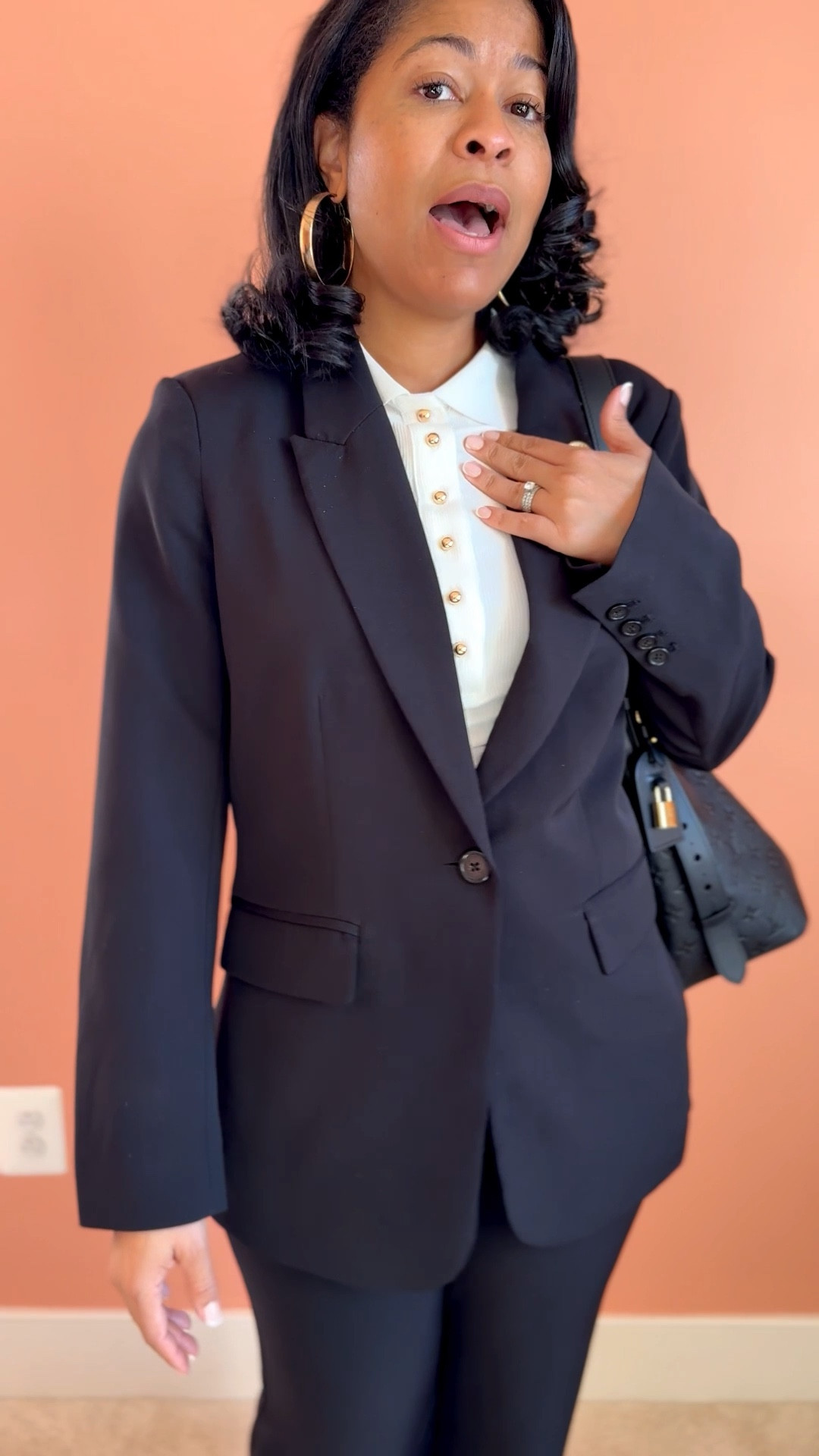 Outfit of the Day. I purchased this black suit a couple years ago and it has come in handy for work and business meetings. Plus it’s on sale right now! Run 🏃🏽‍♀️ 

#LTKWorkwear #LTKSaleAlert #LTKFindsUnder50