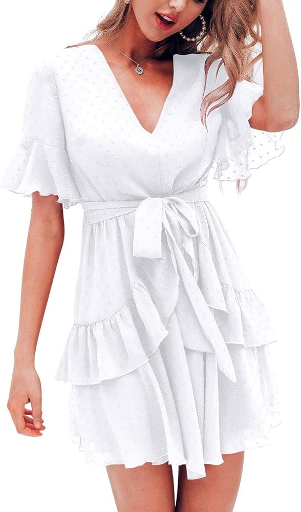 Women's Swiss Dot Jumpsuit V Neck Short Bell Sleeve Double Layer Ruffle Hem Wrap Waist Tie Summer Mi | Amazon (US)