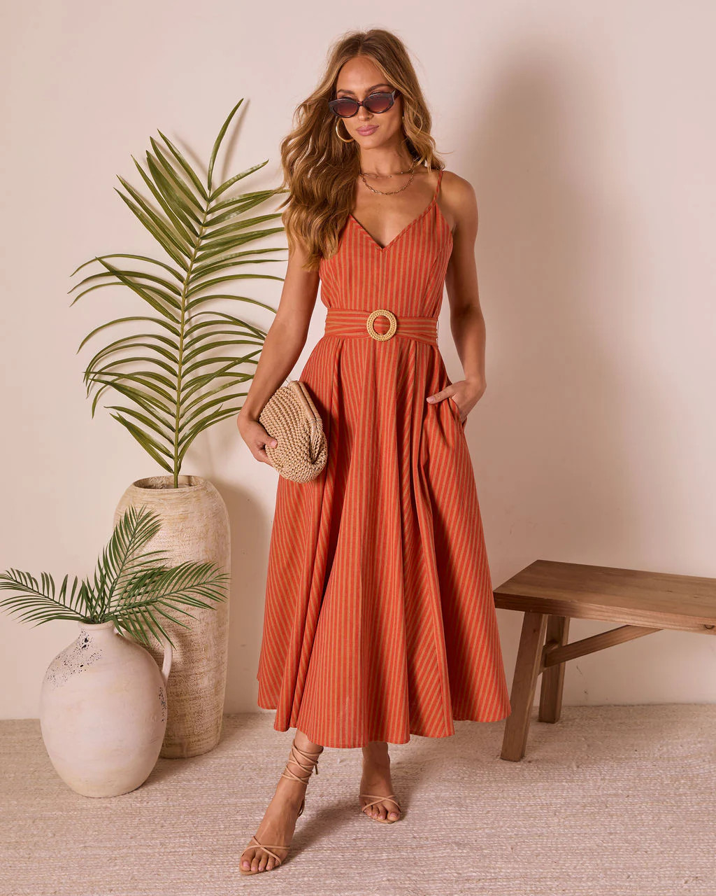 Bungalow Bliss Striped Belted Midi Dress | VICI