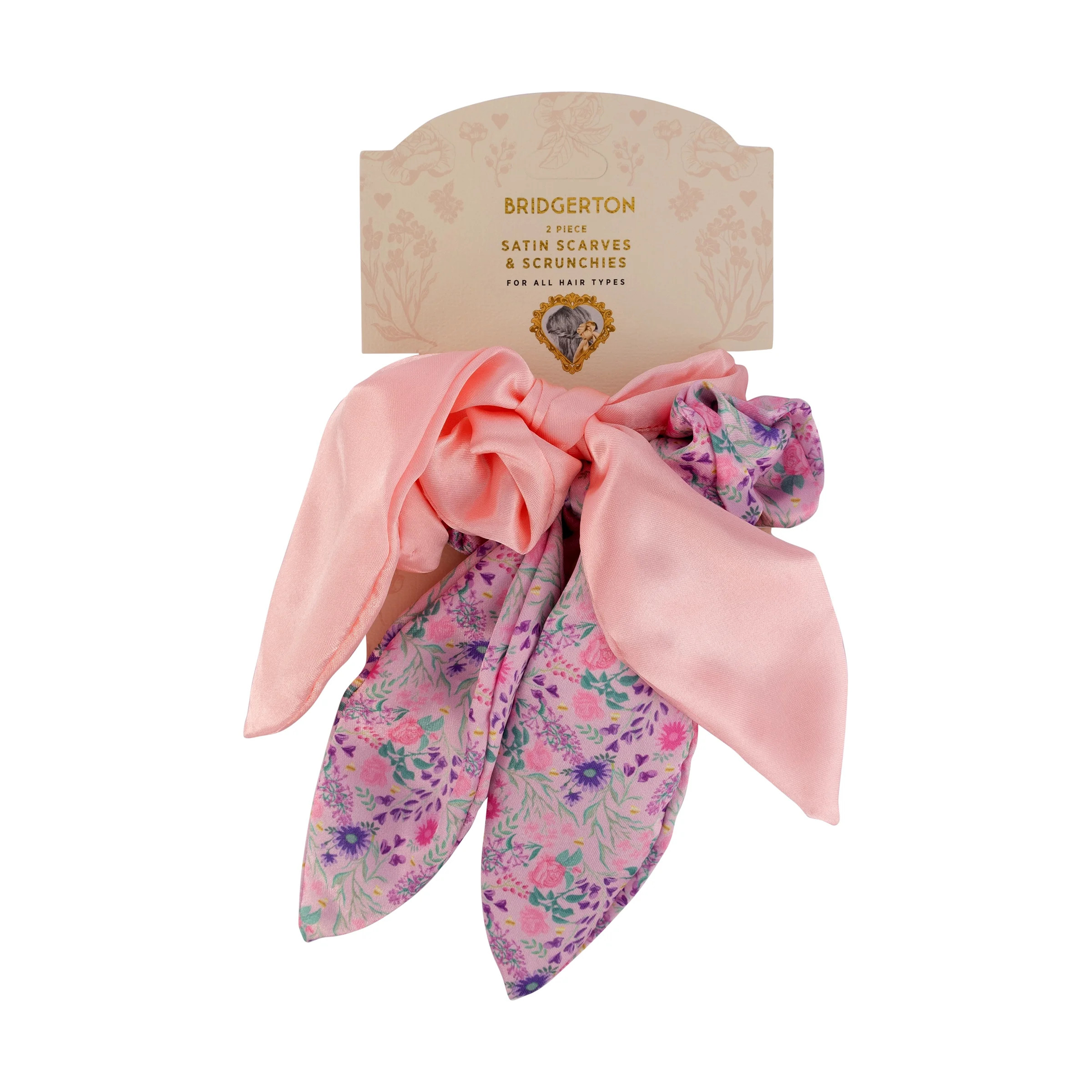 Bridgerton Satin Bow Scrunchie, 2 Pack, Pink and Floral | Walmart (US)