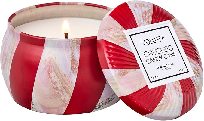 Voluspa Crushed Candy Cane, Mini Tin Candle, 4 oz, 25 Hour Burn Time, All Natural Wicks and Cocon... | Amazon (US)