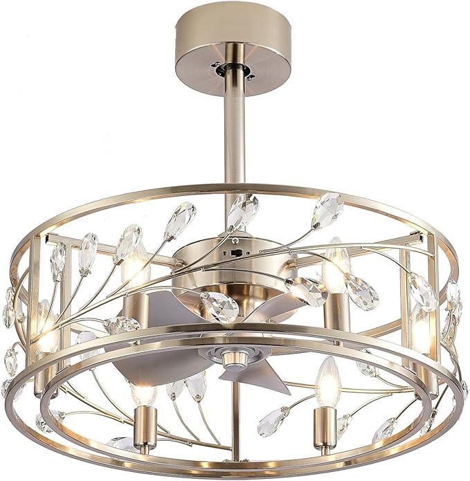 Crystal Ceiling Fan with Light Remote Control, 20 Inch Farmhouse Low Profile Caged Chandelier, Mo... | Amazon (US)