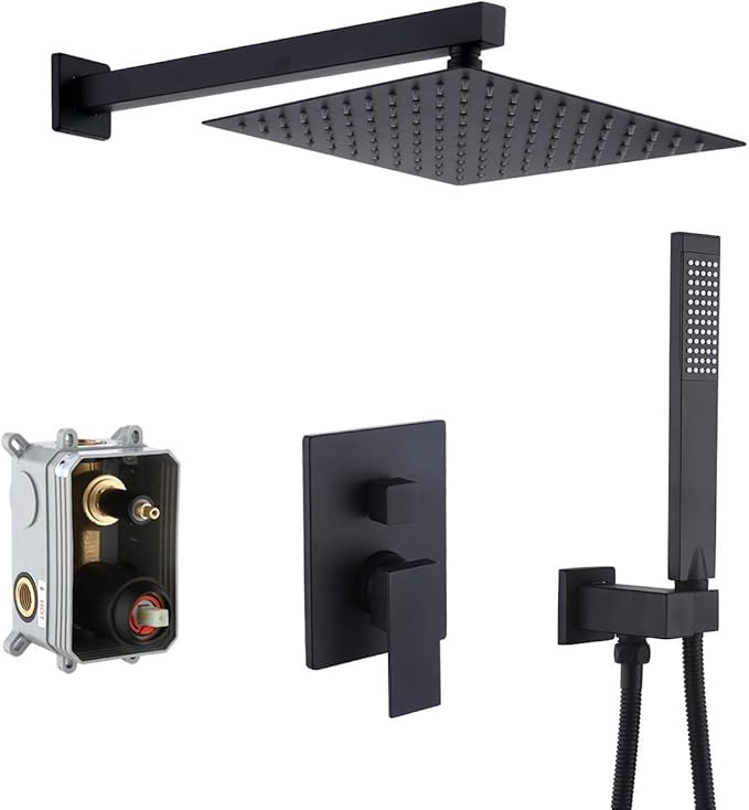 KES Shower Faucets Sets Complete Matte Black Shower System 10 Inches Rain Shower Head with Handhe... | Amazon (US)