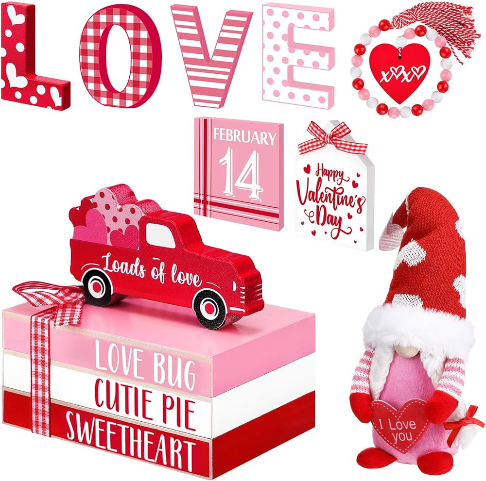 10 Pcs Valentine's Day Tiered Tray Decor Set Valentines Heart Wood Sign Farmhouse Gnome Heart Boo... | Amazon (US)