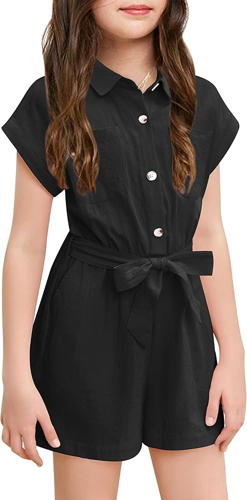 Mafulus Girls Cute Romper Button Down Belted Jumpsuit Wide Leg Short Summer Outfits with Pockets ... | Amazon (US)