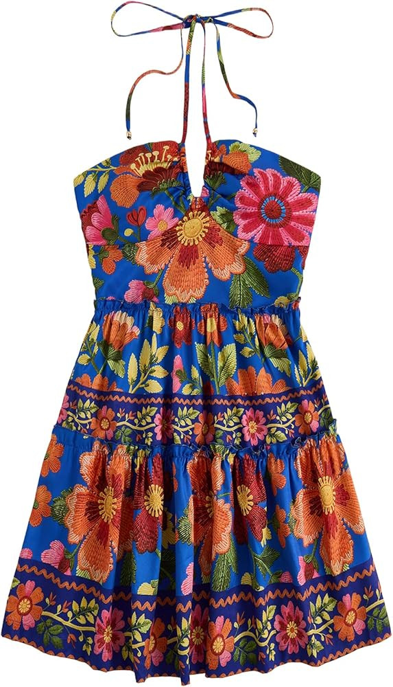 Floerns Women's Floral Sleeveless Halter Dress Milkmaid Flare Hem Boho Mini Dress | Amazon (US)